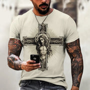 Faith based men's t-shirt by Fresh Faith Designs featuring detailed Jesus on cross graphic in beige