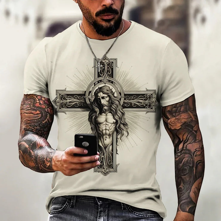 Faith based men's t-shirt by Fresh Faith Designs featuring detailed Jesus on cross graphic in beige