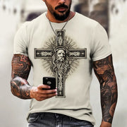 Faith based men's t-shirt by Fresh Faith Designs featuring detailed cross and bearded face graphic