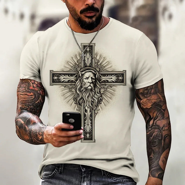 Faith based men's t-shirt by Fresh Faith Designs featuring detailed cross and bearded face graphic