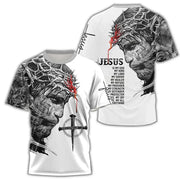 Faith based men's t-shirt featuring Jesus with crown of thorns and inspirational text in black and red