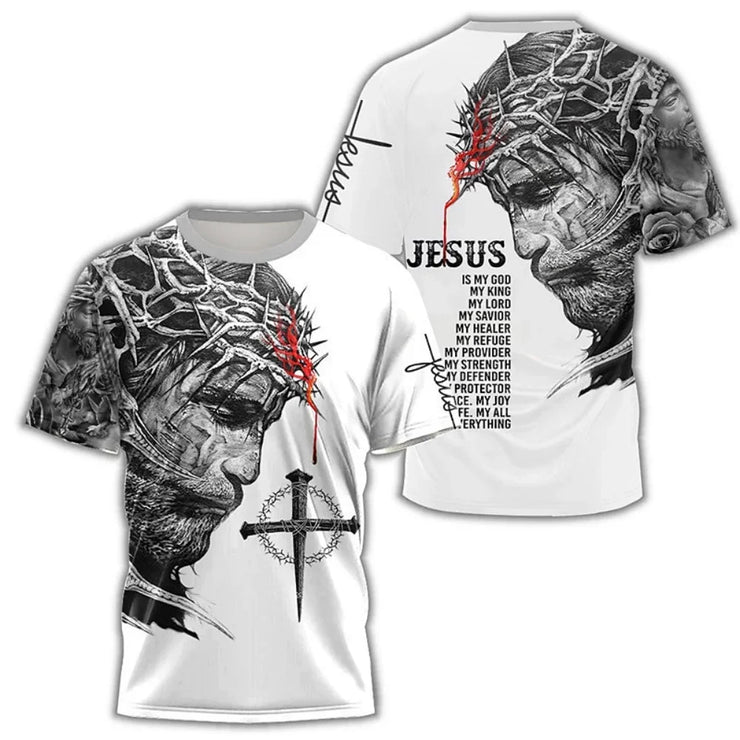 Faith based men's t-shirt featuring Jesus with crown of thorns and inspirational text in black and red