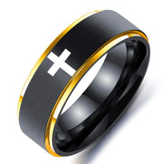 Faith based ring for men and women with black brushed finish gold edges and white cross design