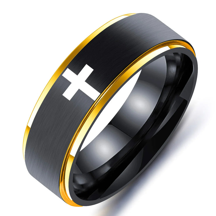 Faith based ring for men and women with black brushed finish gold edges and white cross design