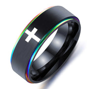 Black faith based ring for men and women with white cross design and rainbow edges