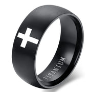 Black titanium faith based ring for men and women with a white cross design