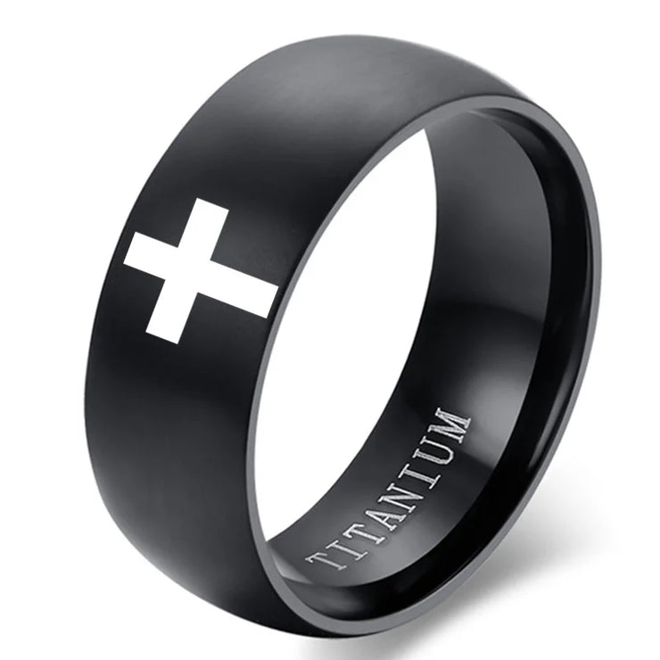 Black titanium faith based ring for men and women with a white cross design