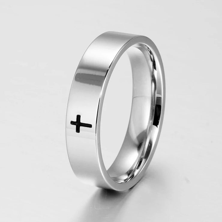 Silver faith based ring for men and women with a simple black cross design