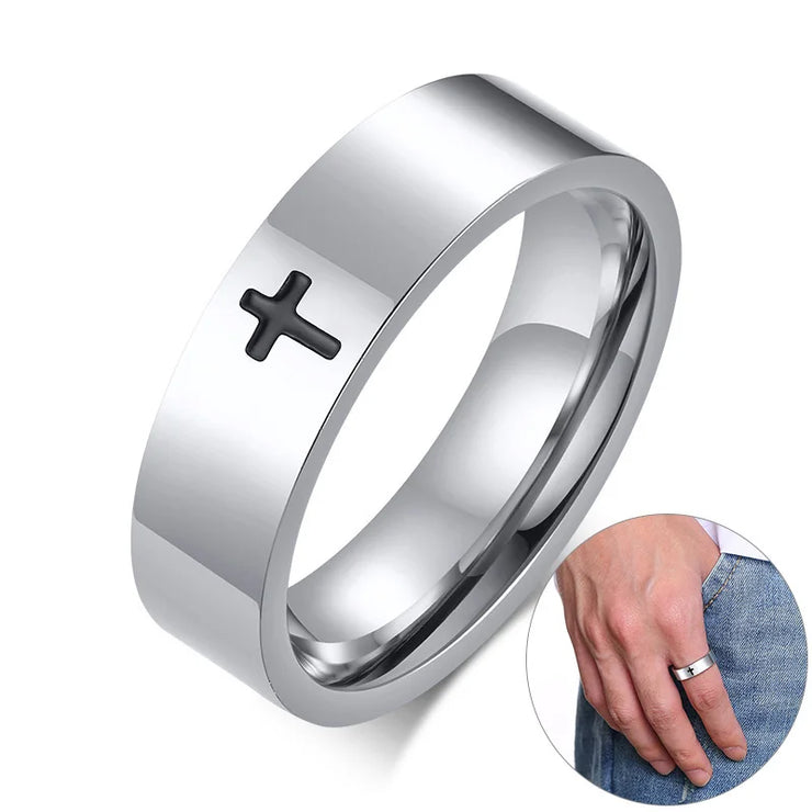 Silver faith based ring for men and women with black cross design and polished finish