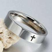 Silver faith based ring for men and women with black cross engraving by Fresh Faith Designs