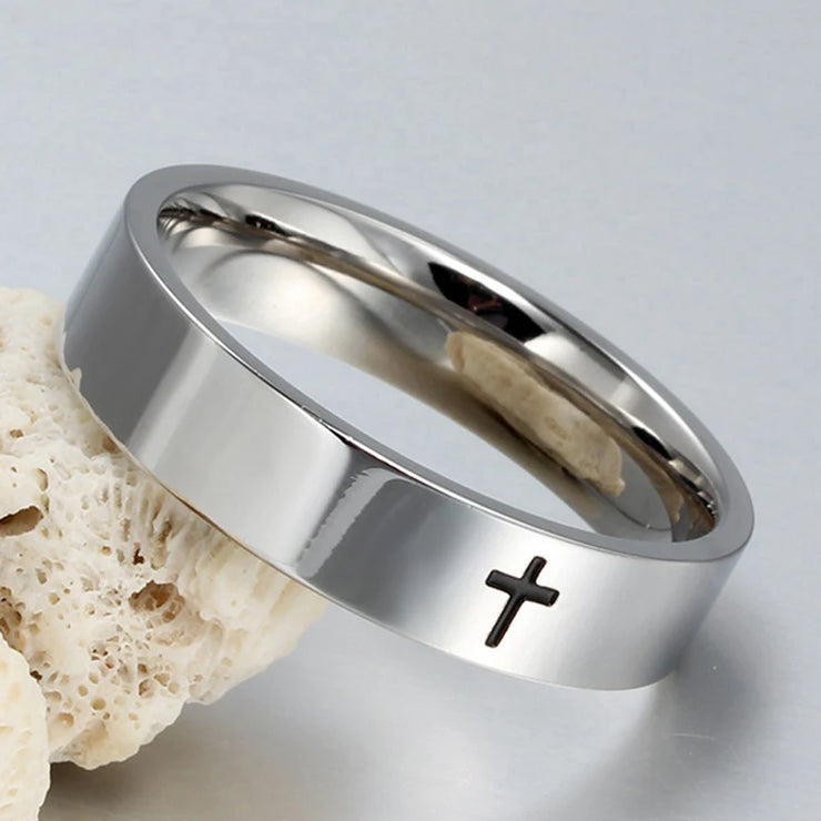 Silver faith based ring for men and women with black cross engraving by Fresh Faith Designs