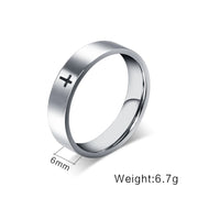 Silver faith based ring for men and women with black cross design and 6mm width