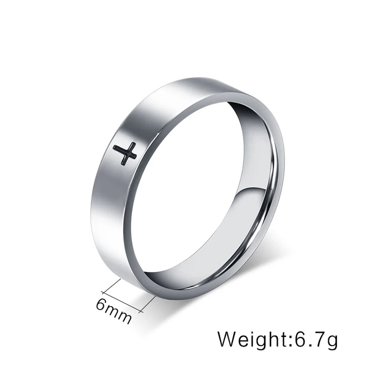 Silver faith based ring for men and women with black cross design and 6mm width