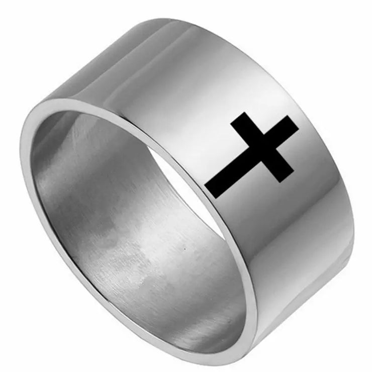 Silver stainless steel faith based ring for men and women with black cross design