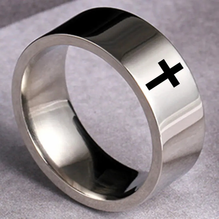 Silver polished band with black cross faith based ring for men and women by Fresh Faith Designs