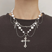 Faith-based Victorian jewelry pearl and silver cross layered necklace from Fresh Faith Designs