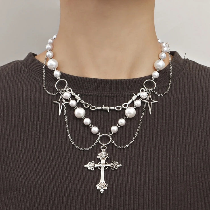 Faith-based Victorian jewelry pearl and silver cross layered necklace from Fresh Faith Designs