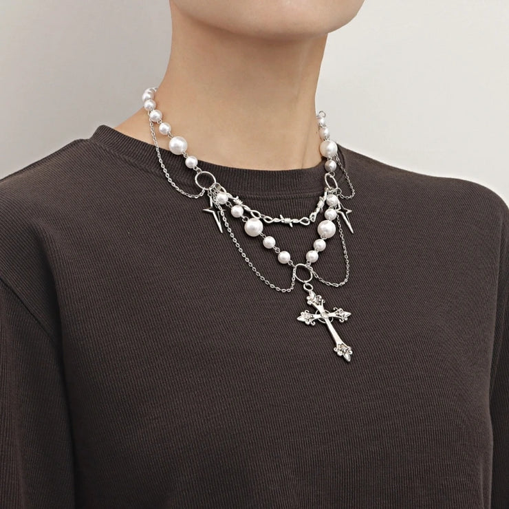Faith-based Victorian jewelry necklace by Fresh Faith Designs featuring layered silver chains and pearl beads with cross pendant