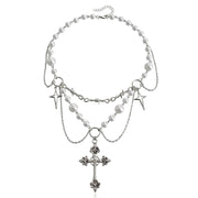 Fresh Faith Designs silver necklace with pearl accents and cross pendants featuring faith-based Victorian jewelry style