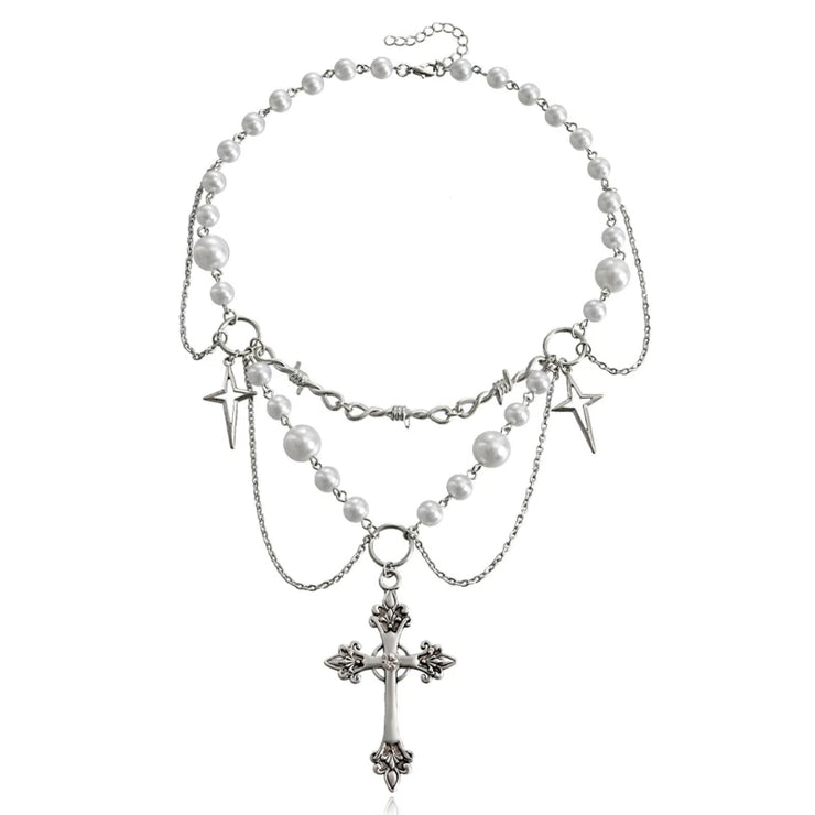 Fresh Faith Designs silver necklace with pearl accents and cross pendants featuring faith-based Victorian jewelry style