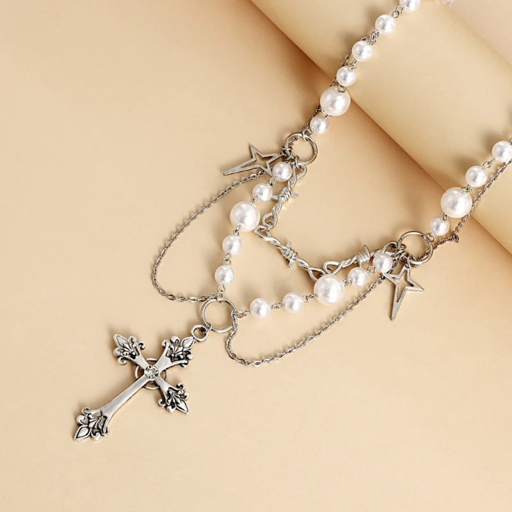 Faith-based Victorian jewelry pearl necklace with silver cross and star charms by Fresh Faith Designs