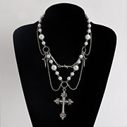 Faith-based Victorian jewelry pearl and silver cross necklace by Fresh Faith Designs