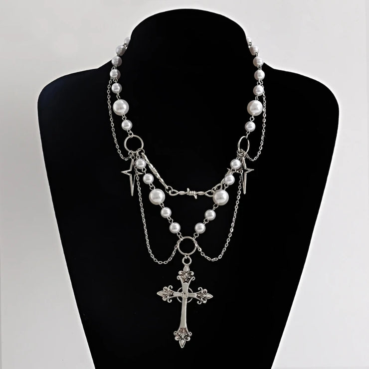 Faith-based Victorian jewelry pearl and silver cross necklace by Fresh Faith Designs