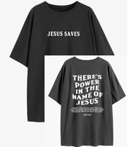 Black faith based women's apparel t-shirt with Jesus Saves front and scripture quote back