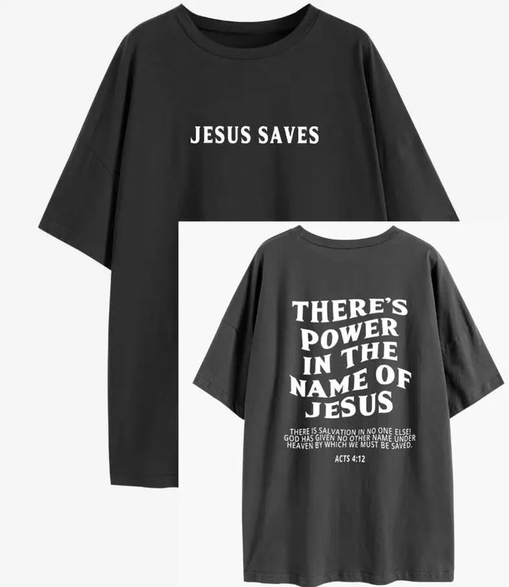 Black faith based women's apparel t-shirt with Jesus Saves front and scripture quote back