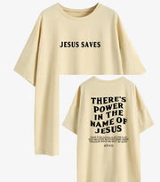 Beige faith based women's apparel T-shirt with Jesus Saves front and inspirational scripture back design