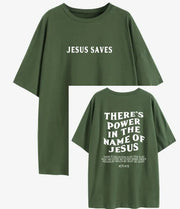 Green faith based women's apparel t-shirt with Jesus Saves front and Bible verse back design