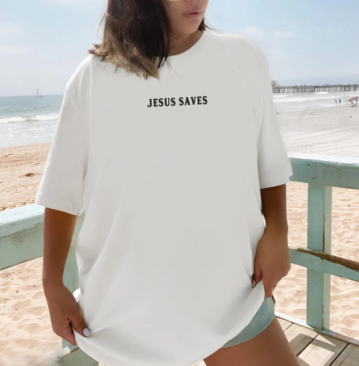 White Jesus Saves t-shirt from Fresh Faith Designs faith based women's apparel collection