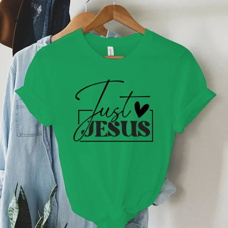 Green t-shirt with Just Jesus graphic printed, faith-based women's apparel by Fresh Faith Designs