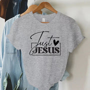 Gray t-shirt with Just Jesus design from Fresh Faith Designs faith-based women's apparel