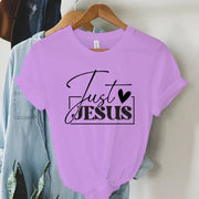 Lavender Fresh Faith Designs faith-based women's apparel t-shirt with Just Jesus black text and heart graphic