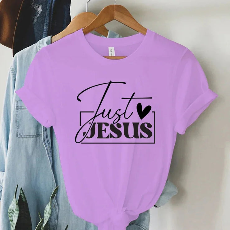Lavender Fresh Faith Designs faith-based women's apparel t-shirt with Just Jesus black text and heart graphic