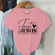 Pink Just Jesus t-shirt from Fresh Faith Designs featuring faith-based women's apparel