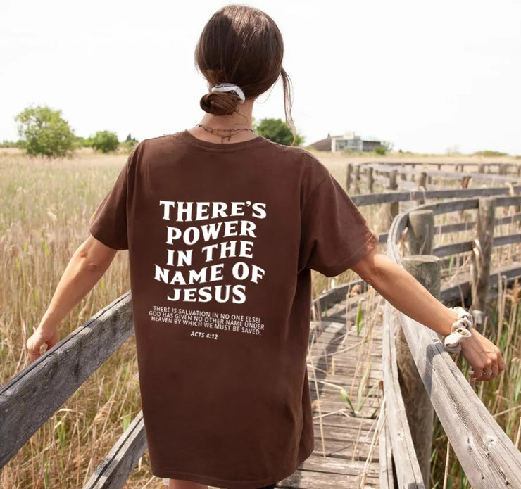 Faith based women's apparel brown t-shirt with scripture and power in the name of Jesus design