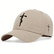 Beige Faith embroidery baseball cap with black script design and adjustable strap