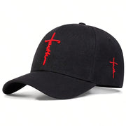 Black Faith embroidery baseball cap with red cross and script design on front and side