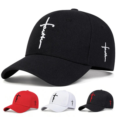 Faith embroidery baseball cap by Fresh Faith Designs in black, red, and white with cross design
