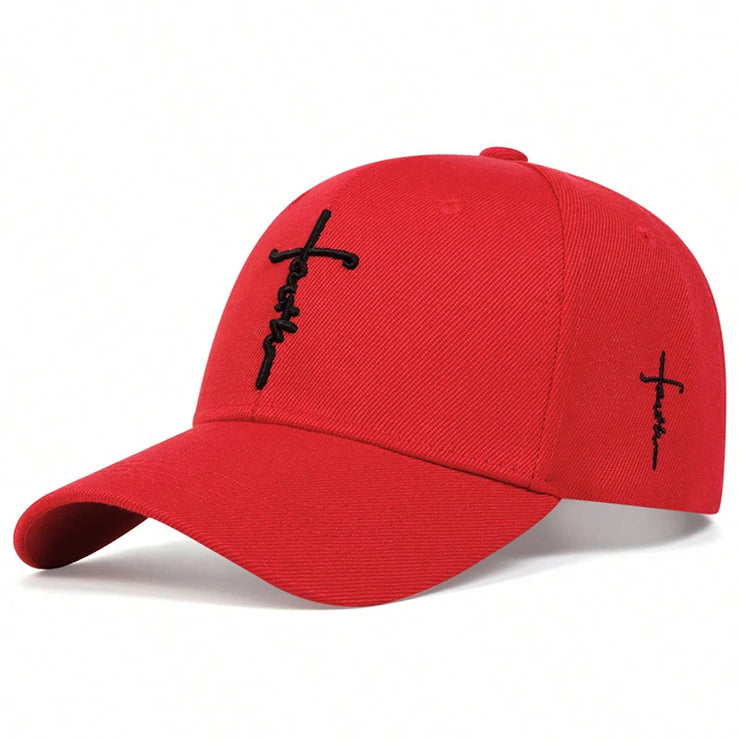 Red Faith embroidery baseball cap with black cross and adjustable strap by Fresh Faith Designs