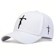 White Faith embroidery baseball cap with black stitched cross design from Fresh Faith Designs