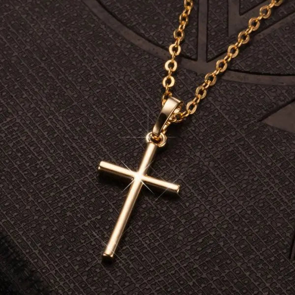 Gold cross faith-inspired pendant jewelry on a delicate gold chain by Fresh Faith Designs