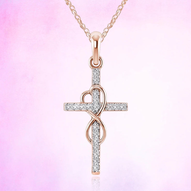 Rose gold and silver cross necklace with infinity design faith-inspired pendant jewelry by Fresh Faith Designs