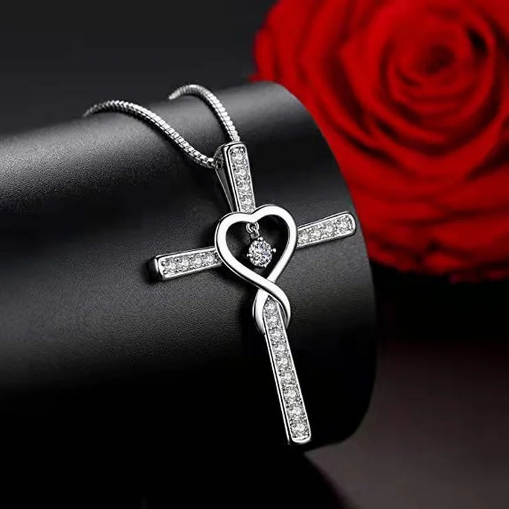 Silver cross necklace with heart shape and crystals faith-inspired pendant jewelry by Fresh Faith Designs