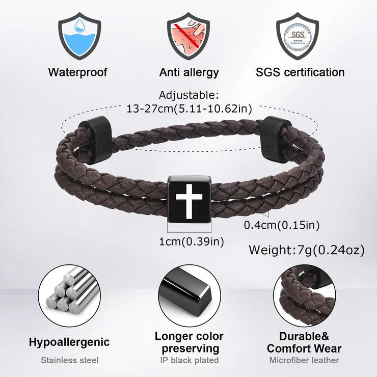 Adjustable brown braided faith jewelry for men bracelet with black cross charm and hypoallergenic features