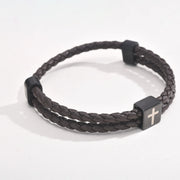Brown braided leather bracelet with black cross charm faith jewelry for men by Fresh Faith Designs