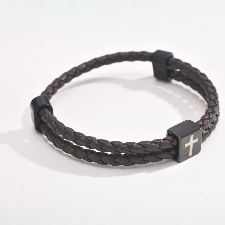 Brown braided leather bracelet with black cross charm faith jewelry for men by Fresh Faith Designs