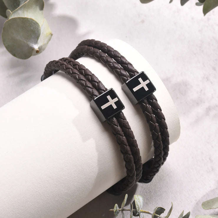 Fresh Faith Designs braided leather bracelet with black cross charm faith jewelry for men